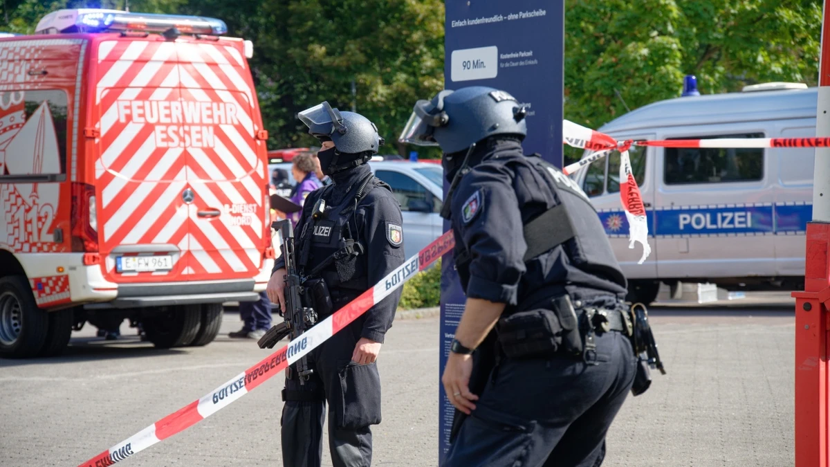 Polizisten stehen an einem Berufskolleg in Essen an einer Absperrung mit Flatterband. - dpa