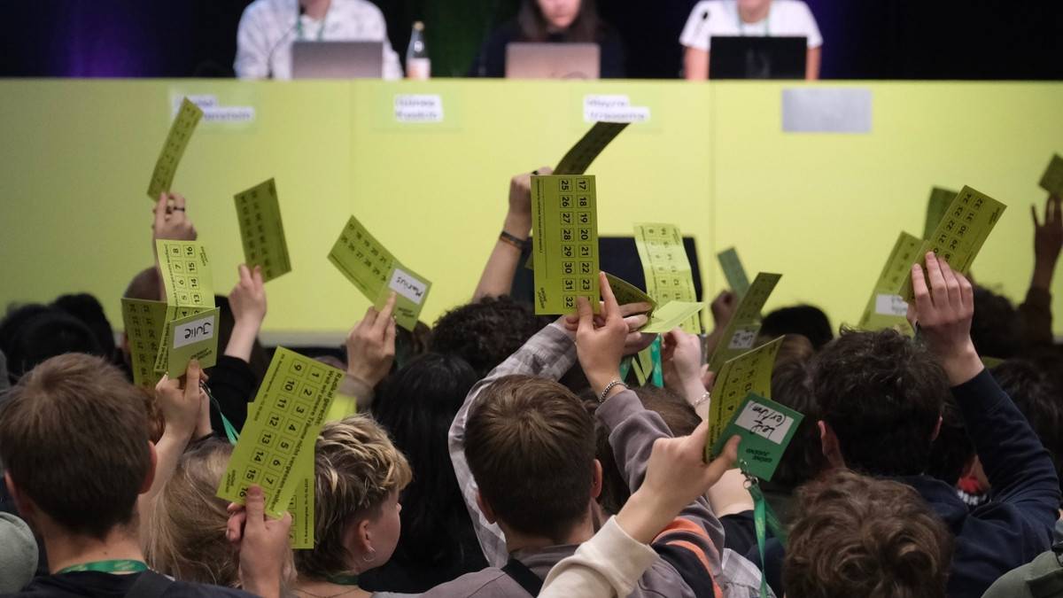Teilnehmer des Bundeskongresses der Grünen Jugend in Leipzig halten Stimmkarten in die Höhe. - dpa