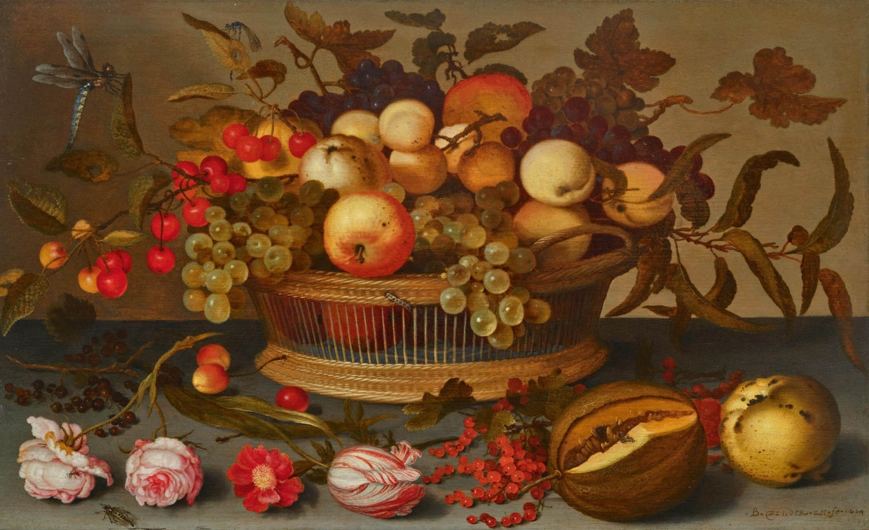 „Stillleben mit Trauben, Kirschen, Aprikosen und Äpfeln in einem Früchtekorb neben Rosen, Tulpen, Johannisbeeren und Melone auf einer Tischplatte“, 1624