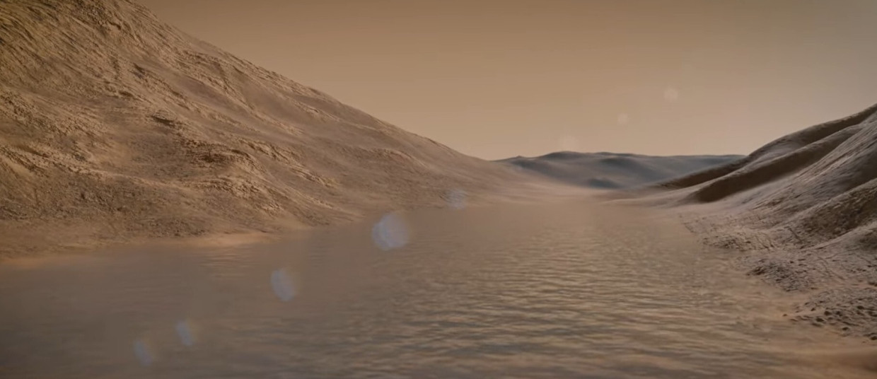Neretva Valley, Mars in an artistic reconstruction from a time more than three billion years ago. At that time, water flowed here and deposited clayey sediments. The valley was named after a river in Croatia and Bosnia-Herzegovina.