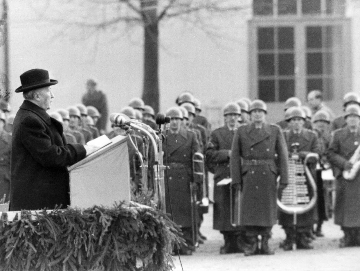 Adenauer in Andernach in 1956 while addressing the Bundeswehr