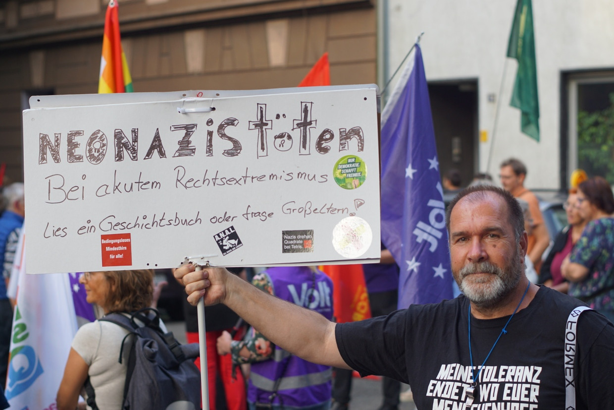 Will laut sein: Jörg bei der Demo vom Bündnis „Essen stellt sich quer“