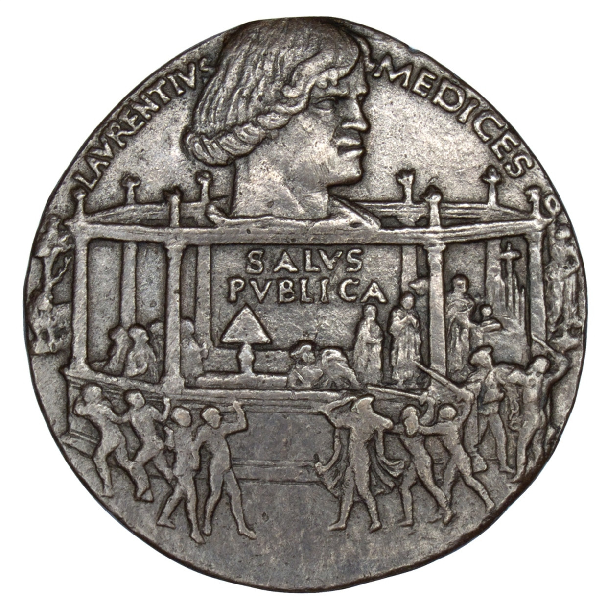 Vorderseite der Gedenkmedaille auf das Attentat im Dom von Bertoldo di Giovanni, 1478