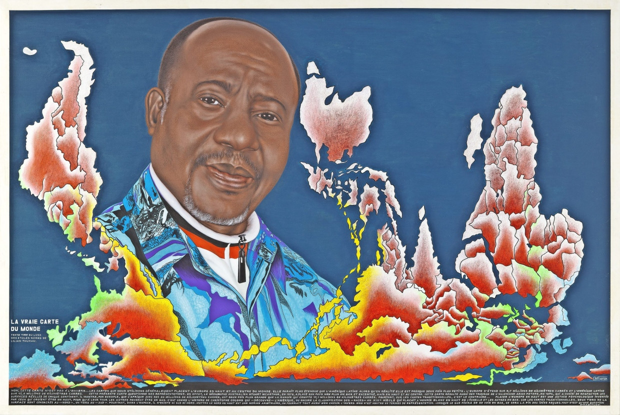 Seine Kunst handelt von Gerechtigkeit und „wahren Weltkarten“: Der kongolesische Maler Chéri Samba mit „La vraie carte du monde“ von 2011